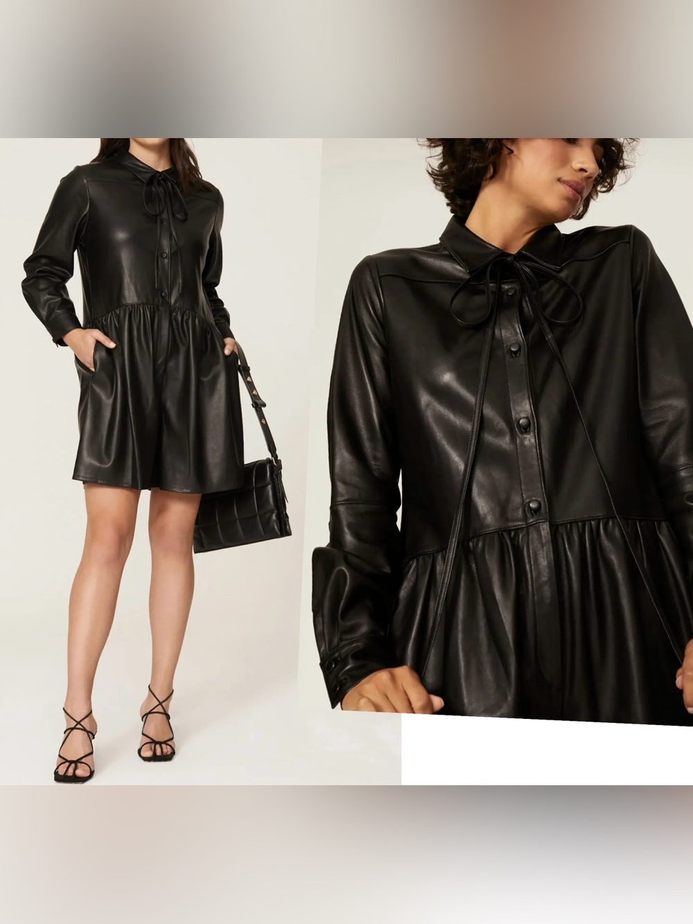 NWT Rebecca Taylor Black Vegan Leather Romper Long Sleeve Bow Mini Dress Size 4